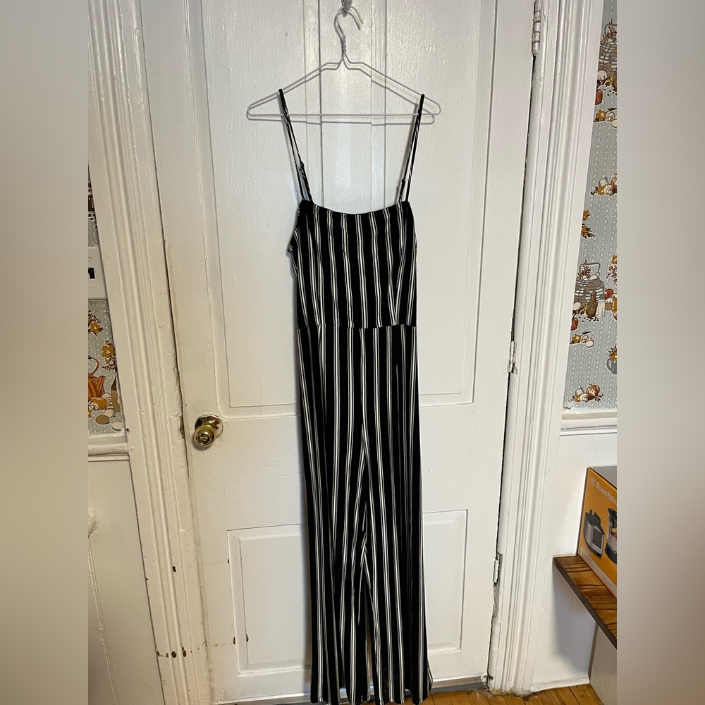 Ambiance Black and White Striped Jumpsuit with Wide-Leg Design